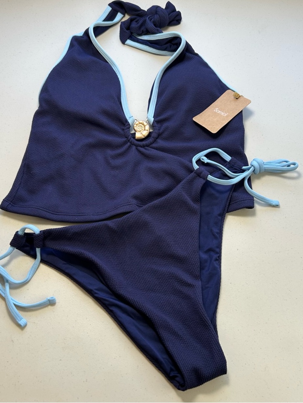 Samid Navy Blue Halter Bikini with Light Blue Trim